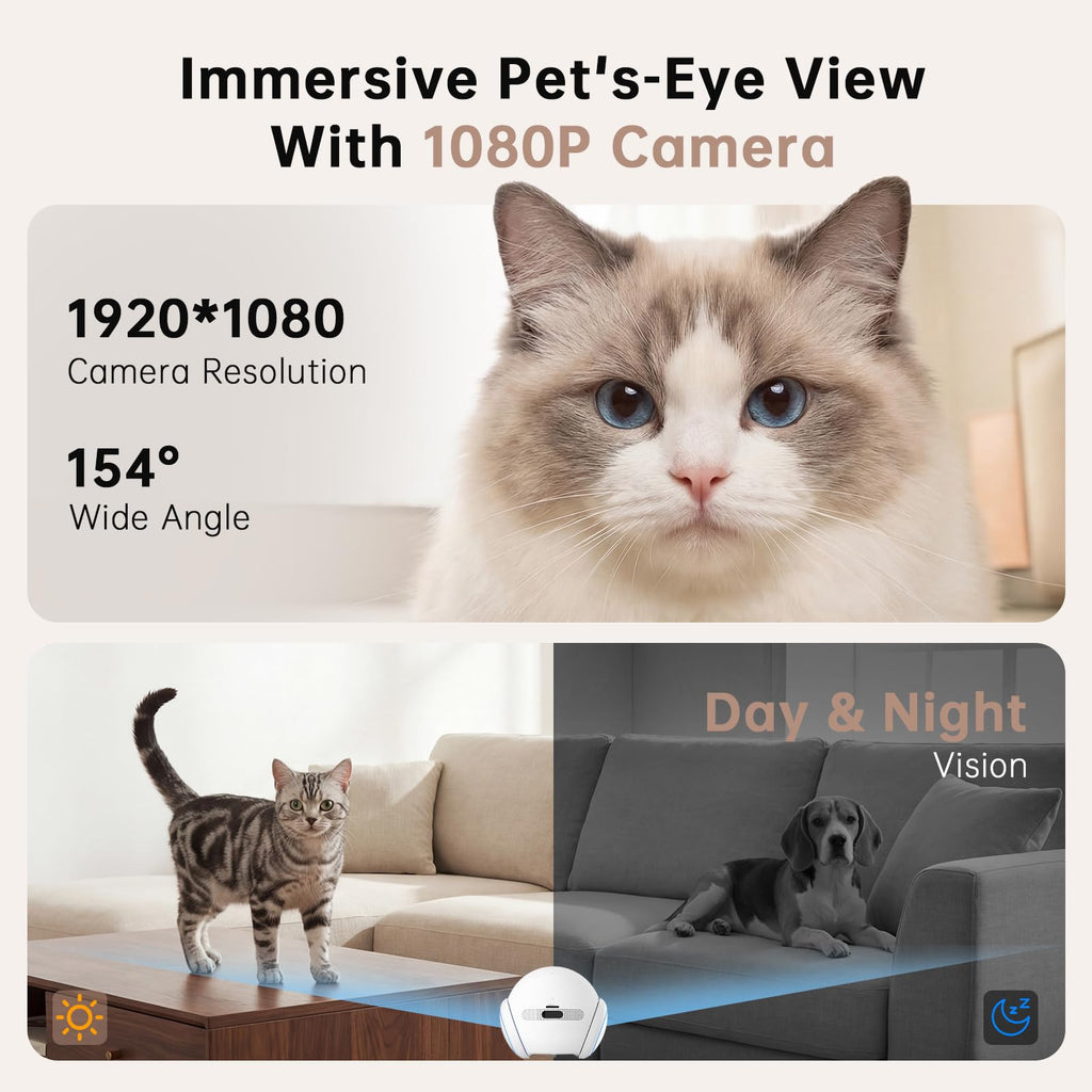 Movable Pet Camera Robot, 1080P Wireless Camera for Cats and Dogs with App