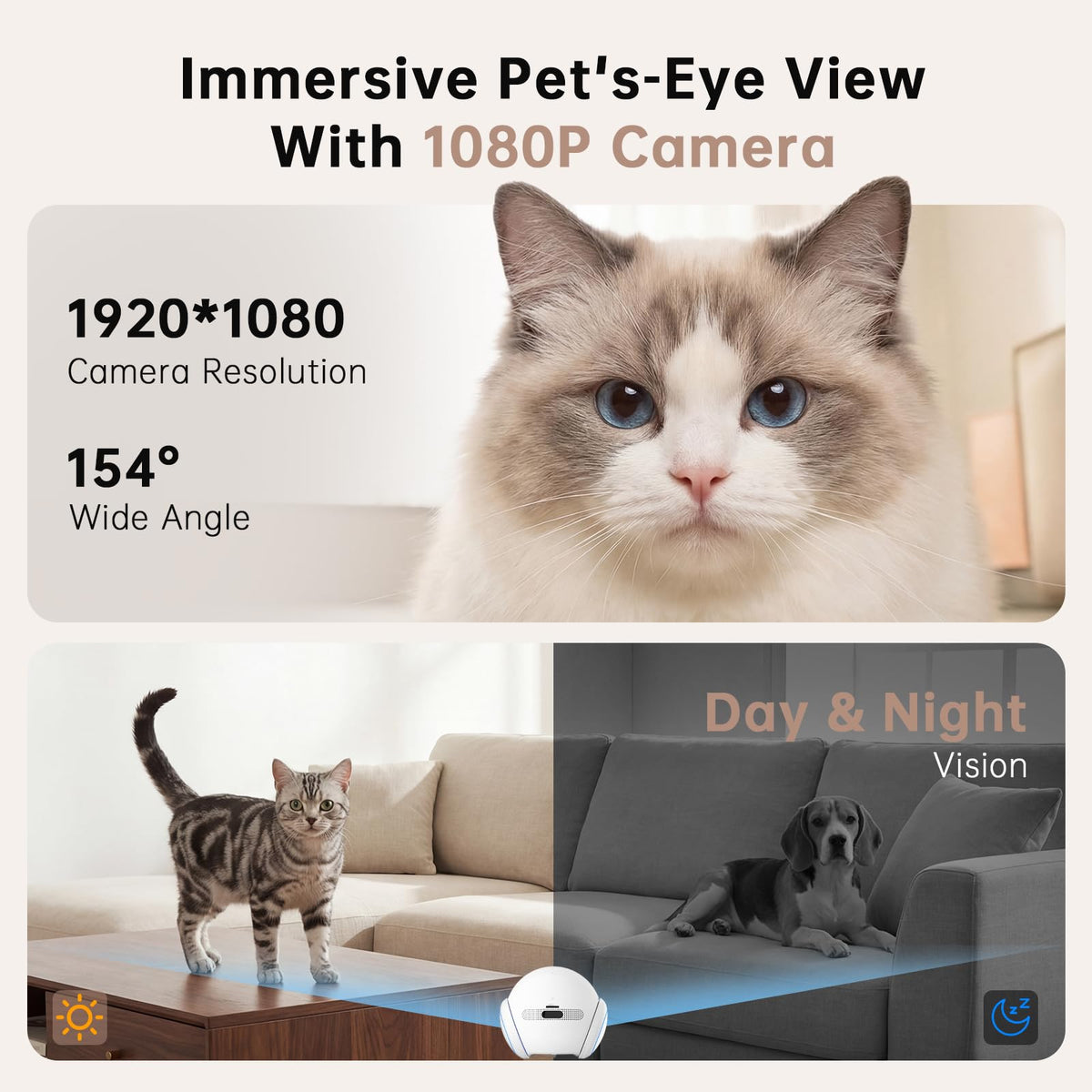 Movable Pet Camera Robot, 1080P Wireless Camera for Cats and Dogs with App