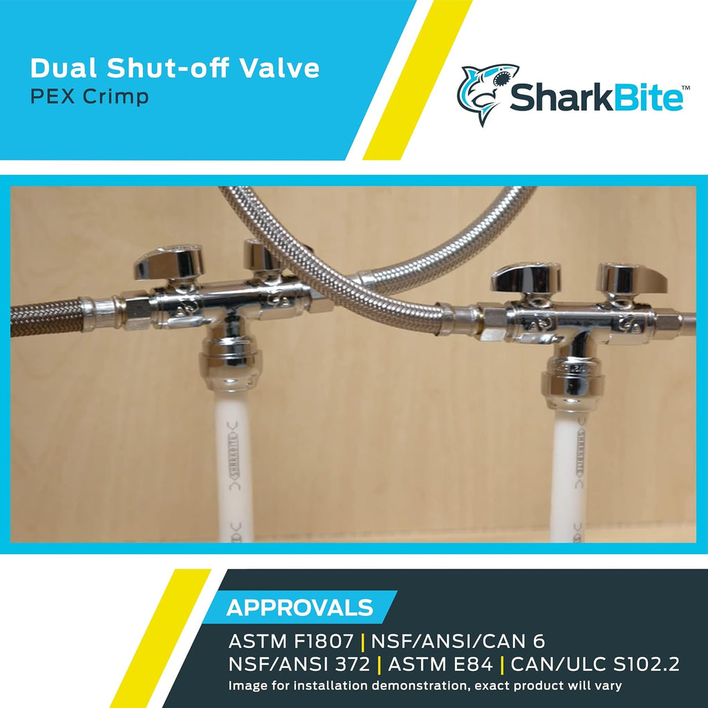 1/2 x 3/8 x 3/8 Inch Brass Crimp Angle Stop Valve, Dual Shut Off, Quarter Turn, PEX Pipe, PE-RT, UCDS123838Z