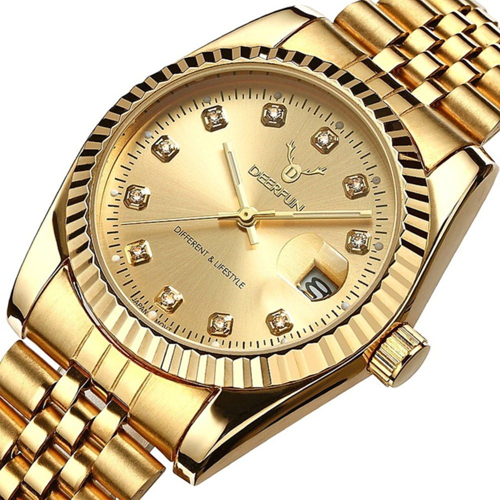 Mens Fashion Luxury Stainless Steel Calendar Rhinestone Waterproof Sports Women Unisex Quartz Watch