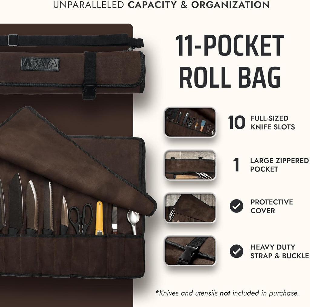 Waxed Canvas Chef Knife Roll Bag with 10 Slots and a Zipper Pocket - Professional Chef Knife Bag & Storage Case, with