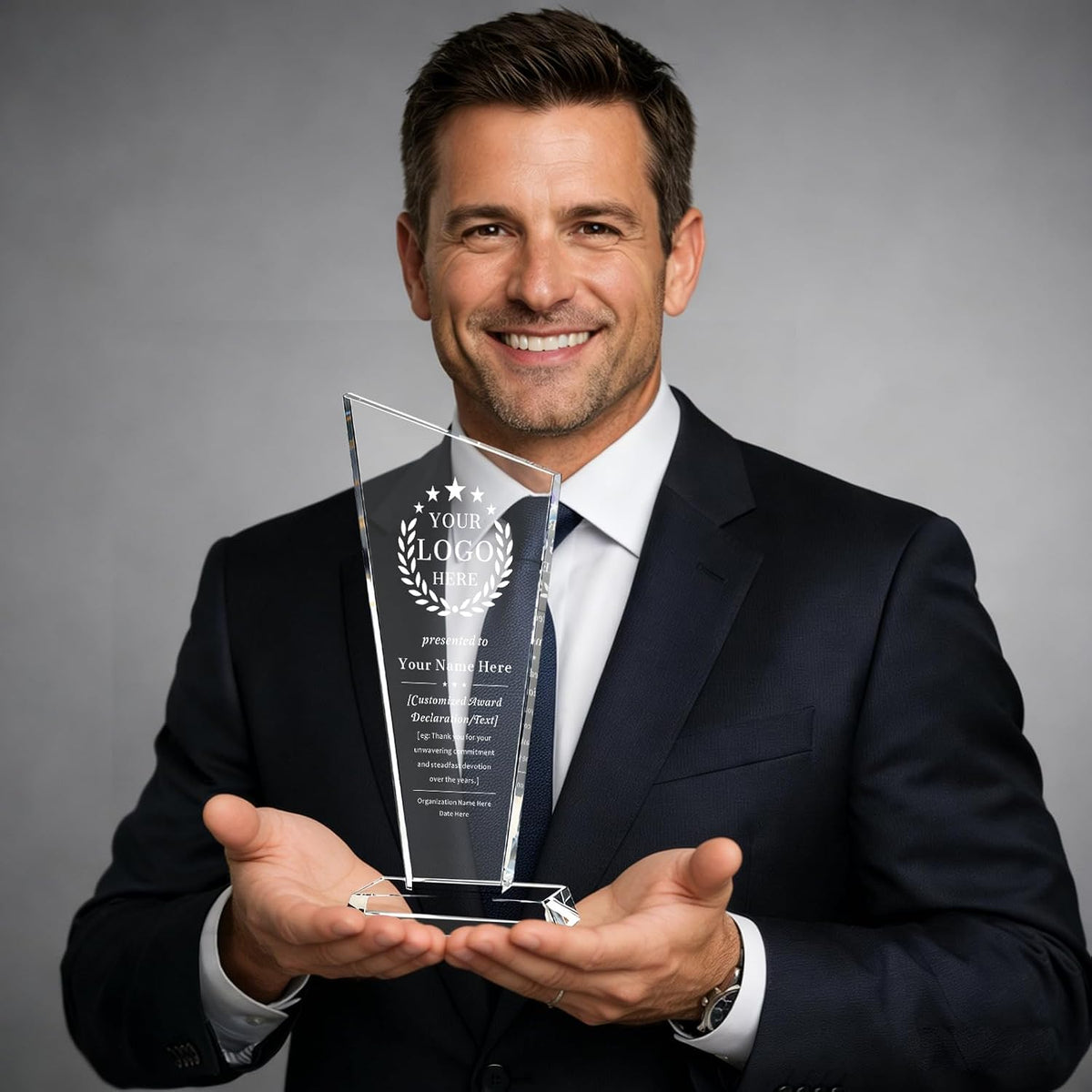 Ship Next Day, Custom Crystal Trophy - Personalized K9 Crystal Trophy with Company Logo & Text Employee Name