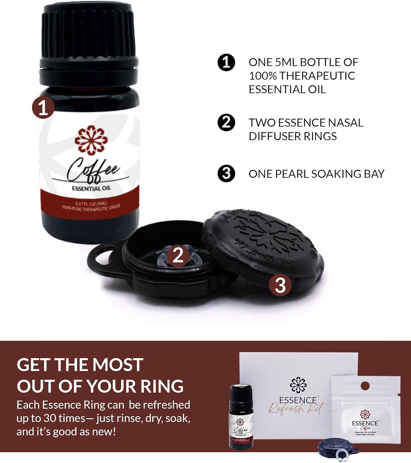 Essence Wearable Aromatherapy Nasal Diffuser – Coffee Essential Oil | Nose Ring Refresh Kit – Personal Scent Clip for