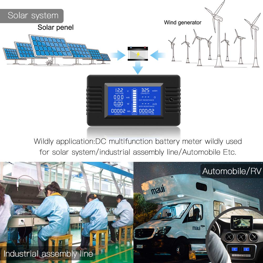 DC 0-200V 300A Battery Monitor with Shunt, 9-in-1 Digital LCD Multimeter | Multimeter for 12V/24V/48V Solar System