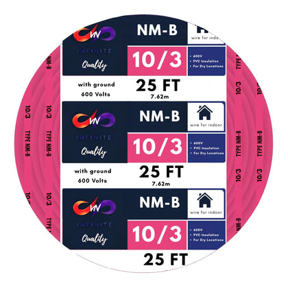 10/3 NM-B Copper Electrical Wire 10 Gauge, 3 Conductors with Groun Non-Mettalic, Sheathed Cable, Residential Indoor Pink 25ft