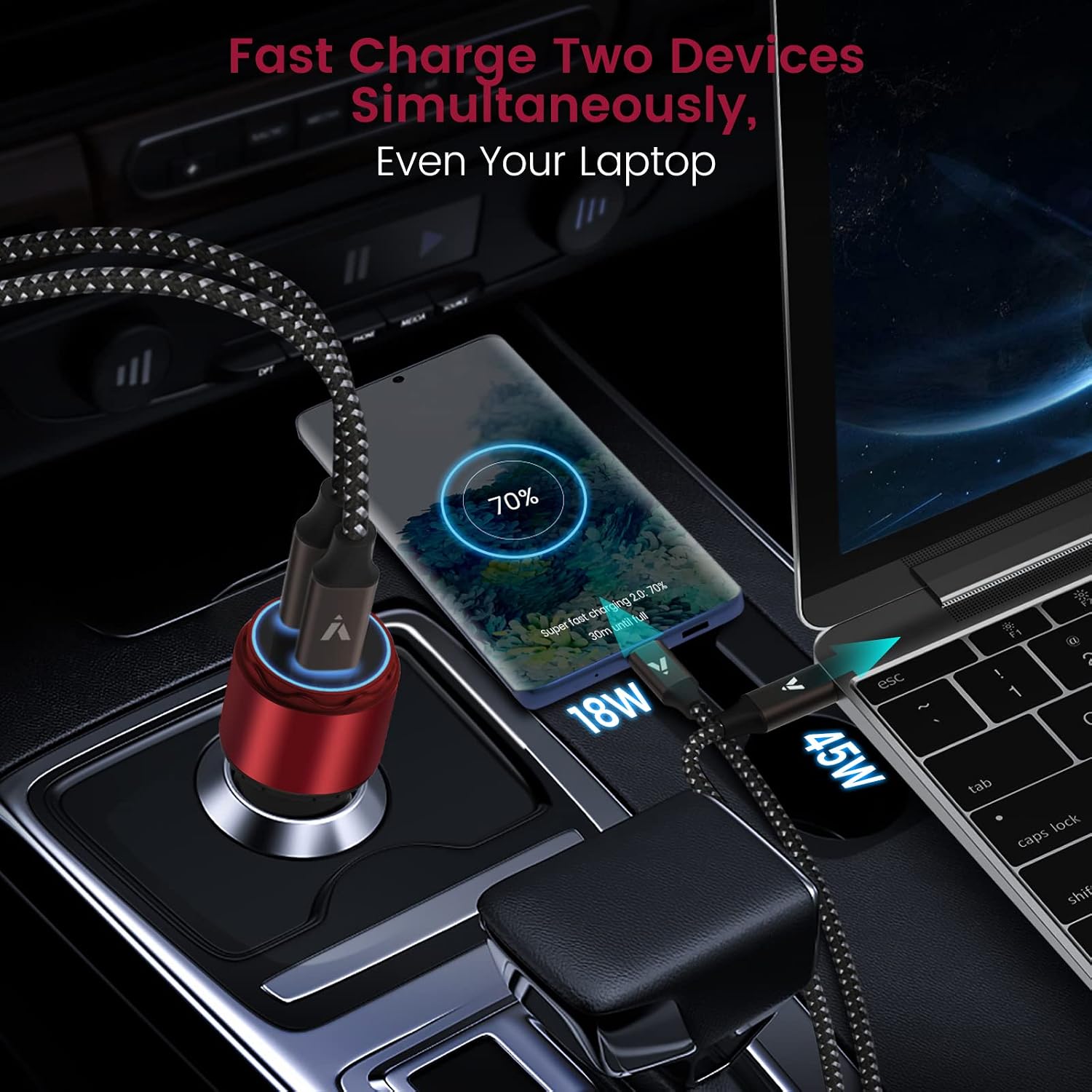 Super Fast Type C Car Charger [73W Turbo], Fast Adaptive 55W 45W PPS/PD&QC3.0 USB C Car Adapter[Super Fast Charging