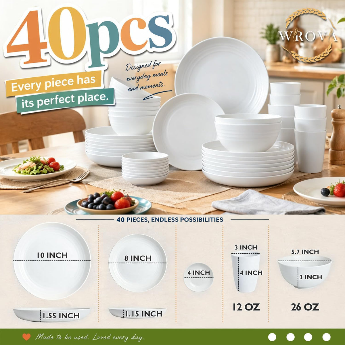 Modern Plates and Bowls Sets for 8,White Dinnerware Sets 40PCS Dishes