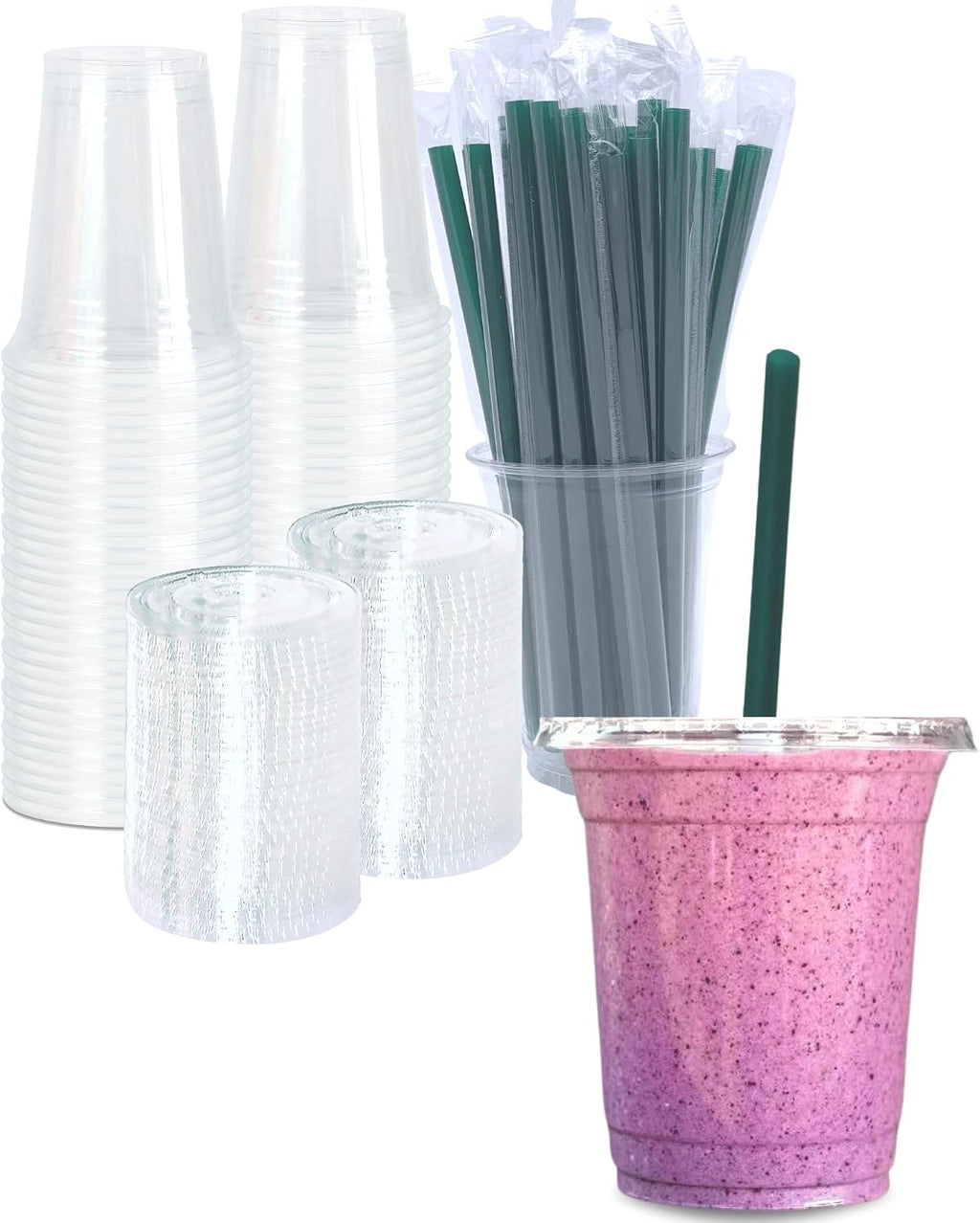 12 oz Clear Plastic Cups with Lids and STRAWS, Disposable Drinking Cups for Cold Drinks, Iced Coffee, Milkshakes