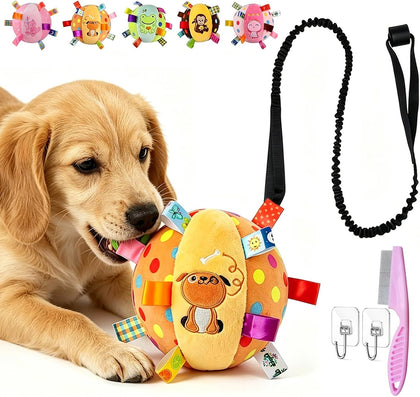 Colorful Squeaky Hanging Dog Training Toy with 60 inch Elastic Ropes Soft, 6-Inch Soft Stuffed Ball with Cotton