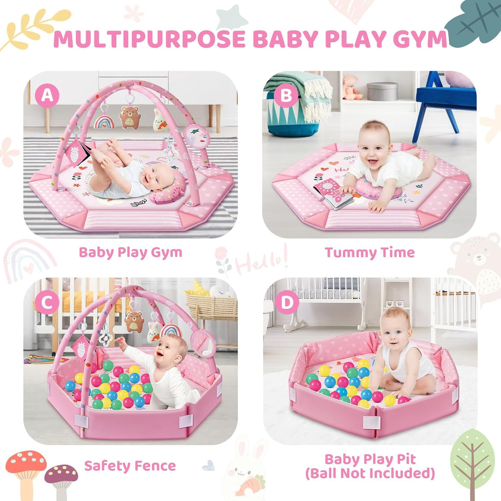 Baby Gym Play Mat, 8-in-1 Tummy Time Mat & Ball Pit with 6 Toys, Washable Baby Activity Mat for Visual, Hearing
