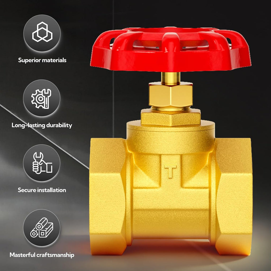 1-1/2" Female Thread Brass Industrial Globe Valves, DN40 Heavy Duty Globe Valves Wheel Red Handle with Teflon Tape for Water Oil Air