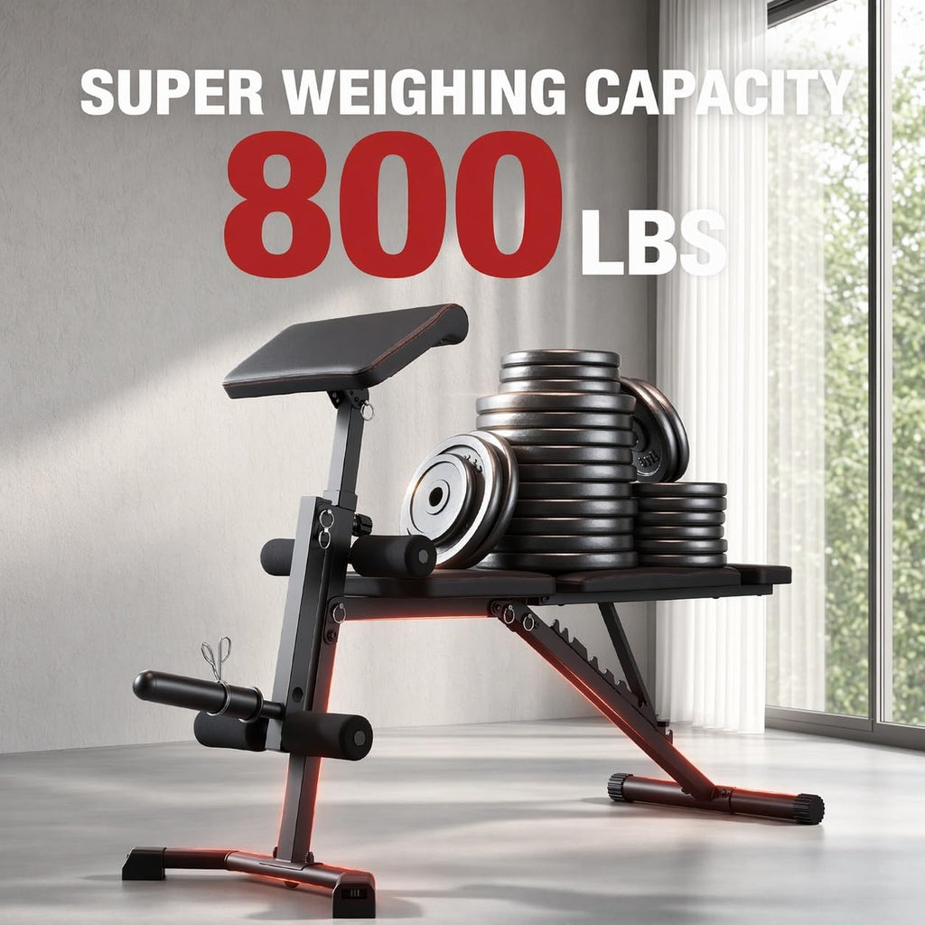 Adjustable Weight Bench with Leg Extension and Preacher Curl Pad | Foldable Workout Bench, 10 Positions Incline