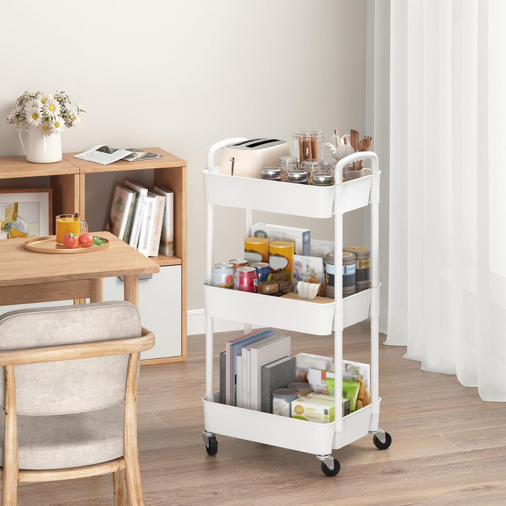 3-Tier Plastic Rolling Utility Cart with Wheels for Storage,White