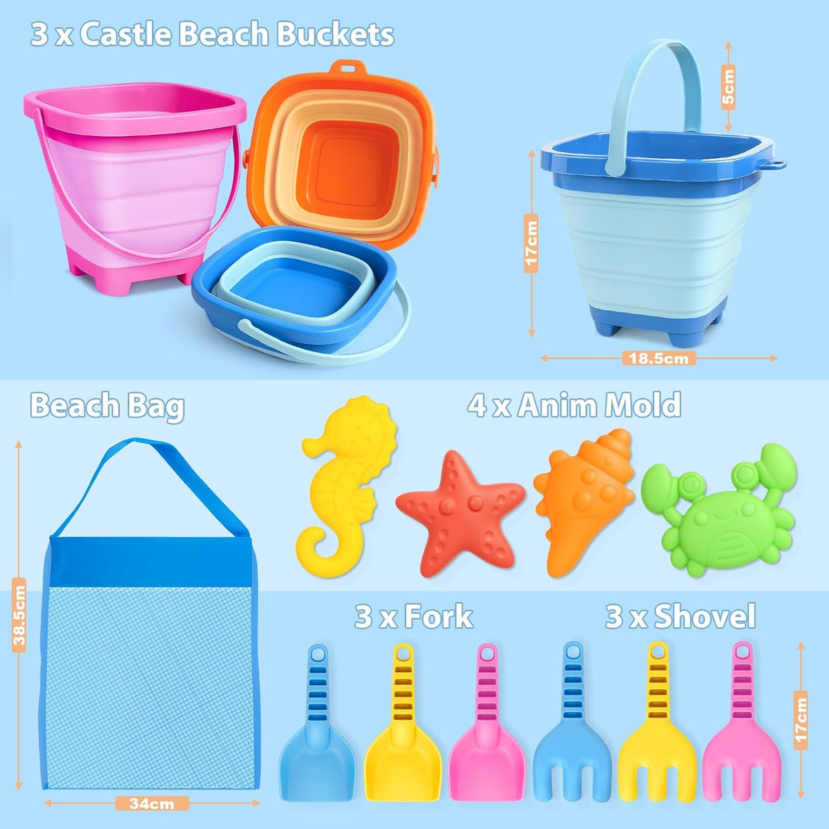 Beach Toys for Kids 3-10, Collapsible Sand Castle Toys for Beach Include 3 Pack Foldable Buckets, Shovels Molds and