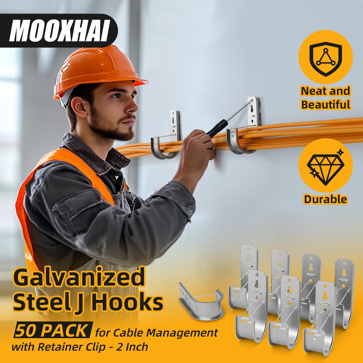 MooxHAI 50 Pack 2 Inch J Hooks for Cable Management with Retainer Clips