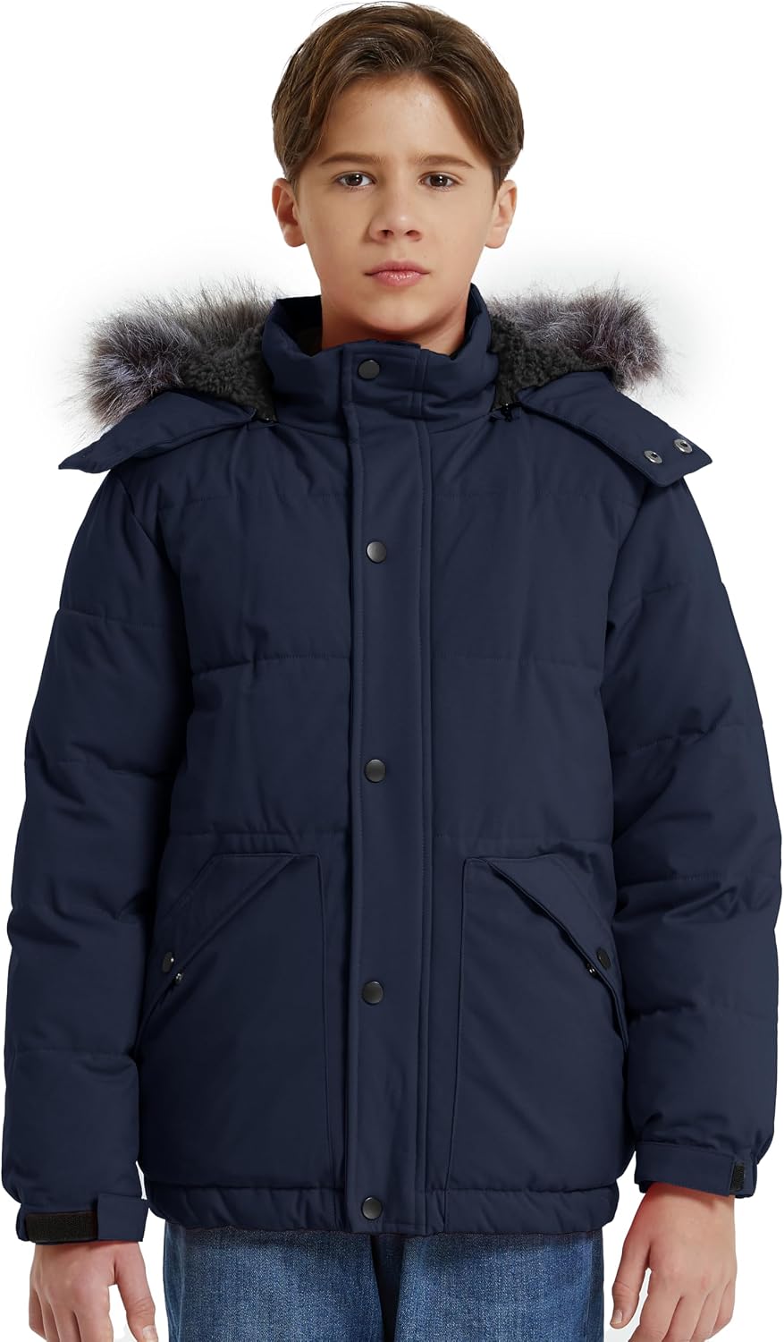 Boys' Winter Coat Waterproof Puffer Jacket with Detachable Hood | Removable Faux Fur Hood,5000mm Waterproof,Fleece