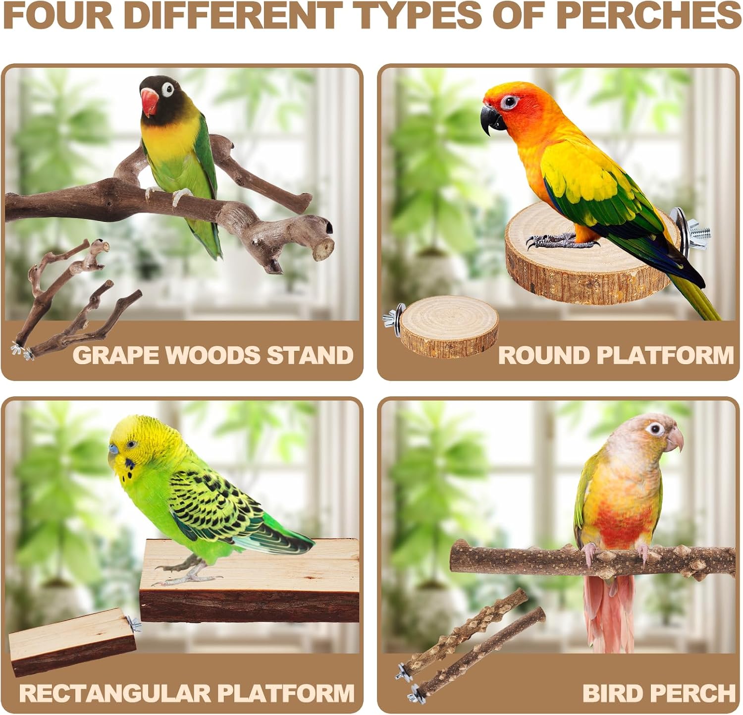6-Piece Bird Perch Set - Natural Wood Grape Sticks, Paw Grinding Forks, Bird Stand & Toys for Parakeets, Cockatiels