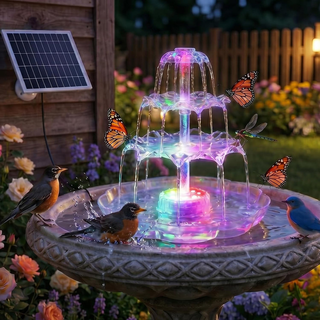 6.5W Solar Bird Bath Fountains with Lights, 3 Tiered Bird Bath