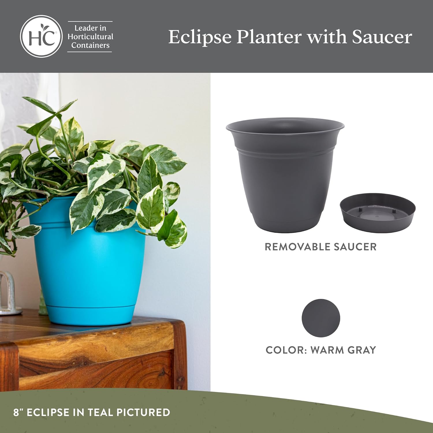 Eclipse Round Planter with Saucer - Outdoor & Indoor Plant Pot with Drainage Holes - Lightweight, UV-Resistant