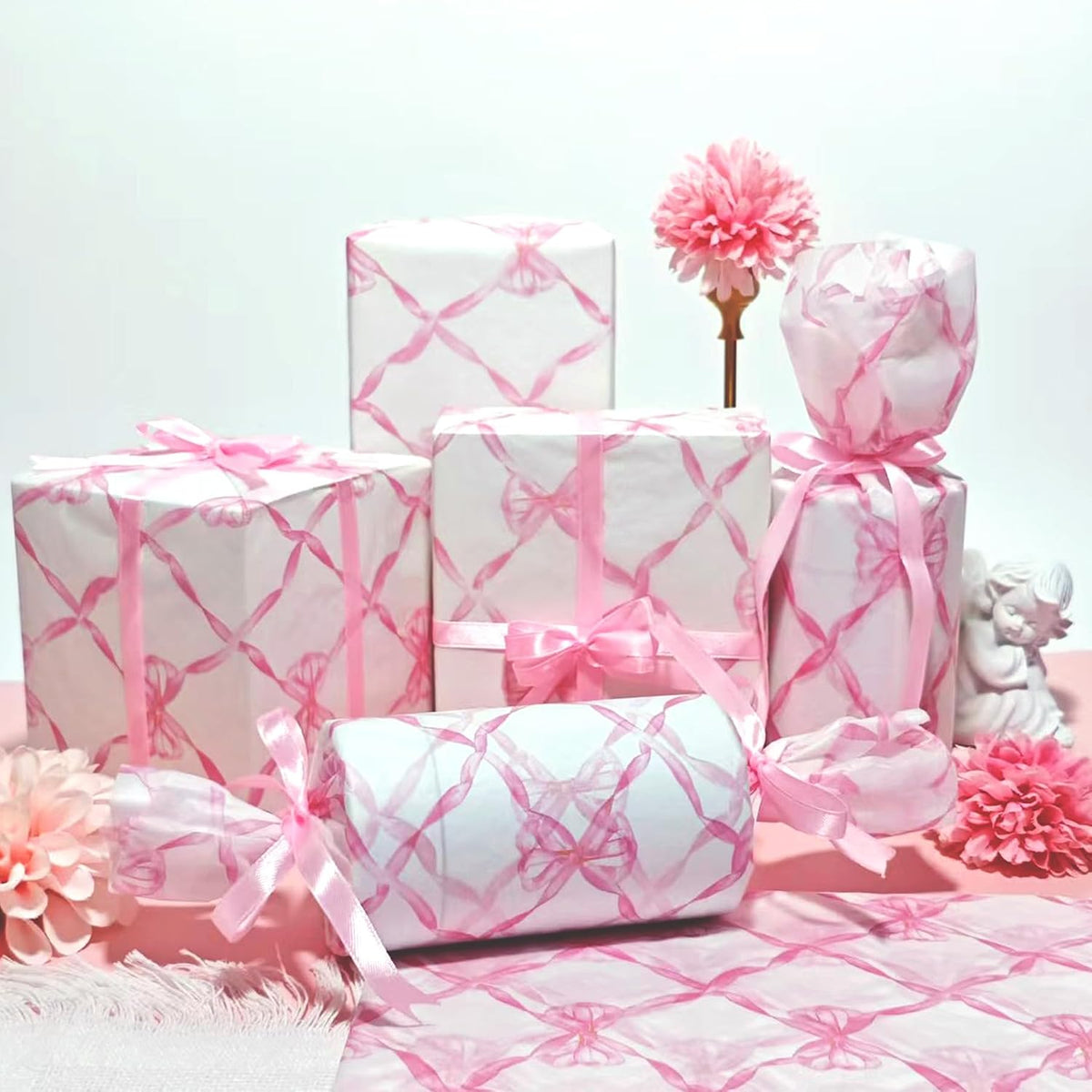 Pink Bow Tissue Paper, Cute Girly Gift Wrapping Tissue Paper For Gift Bags Packaging, Matte Gift Wrap Tissue For