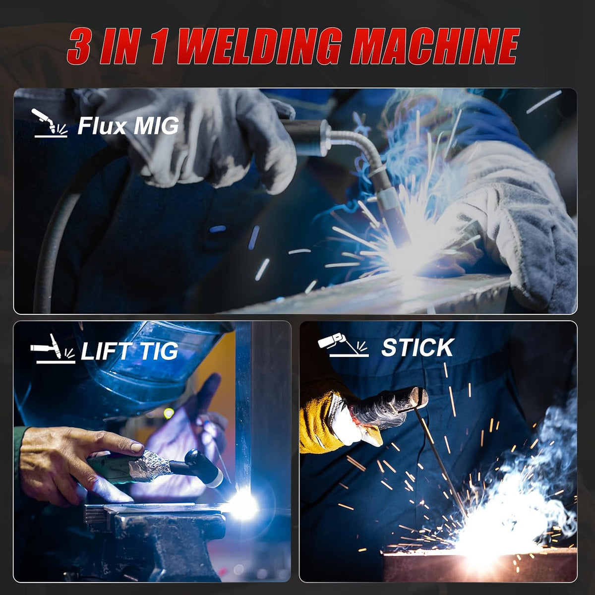 145A MIG Welder, 3 in 1 Flux Core/Lift TIG/Stick Welding Machine 110V IGBT Inverter Gasless Welder with Synergy