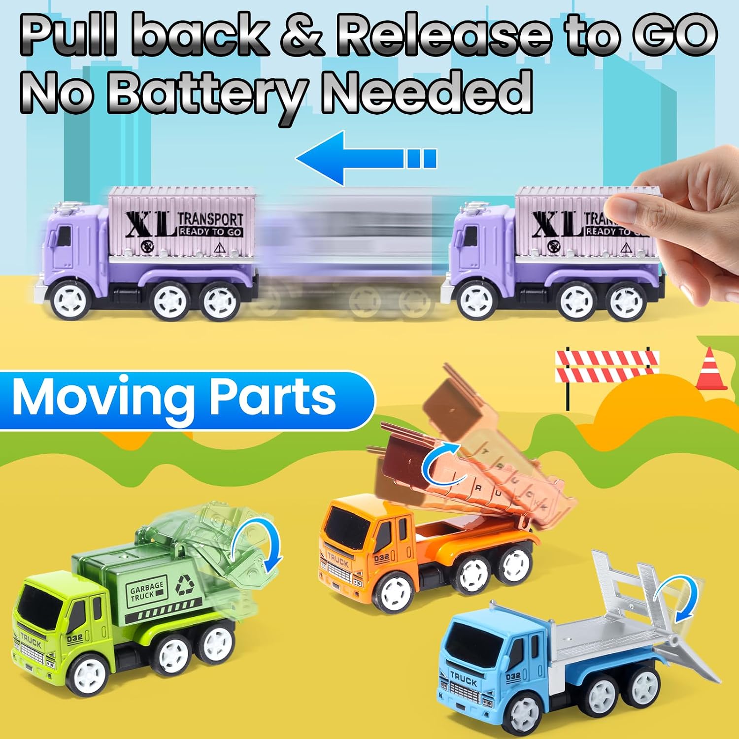 6 Diecast Trucks Toy Vehicle Set, Pull Back Cars with Movable Parts | Die-cast Mental Details, Mini Pull Back Toy