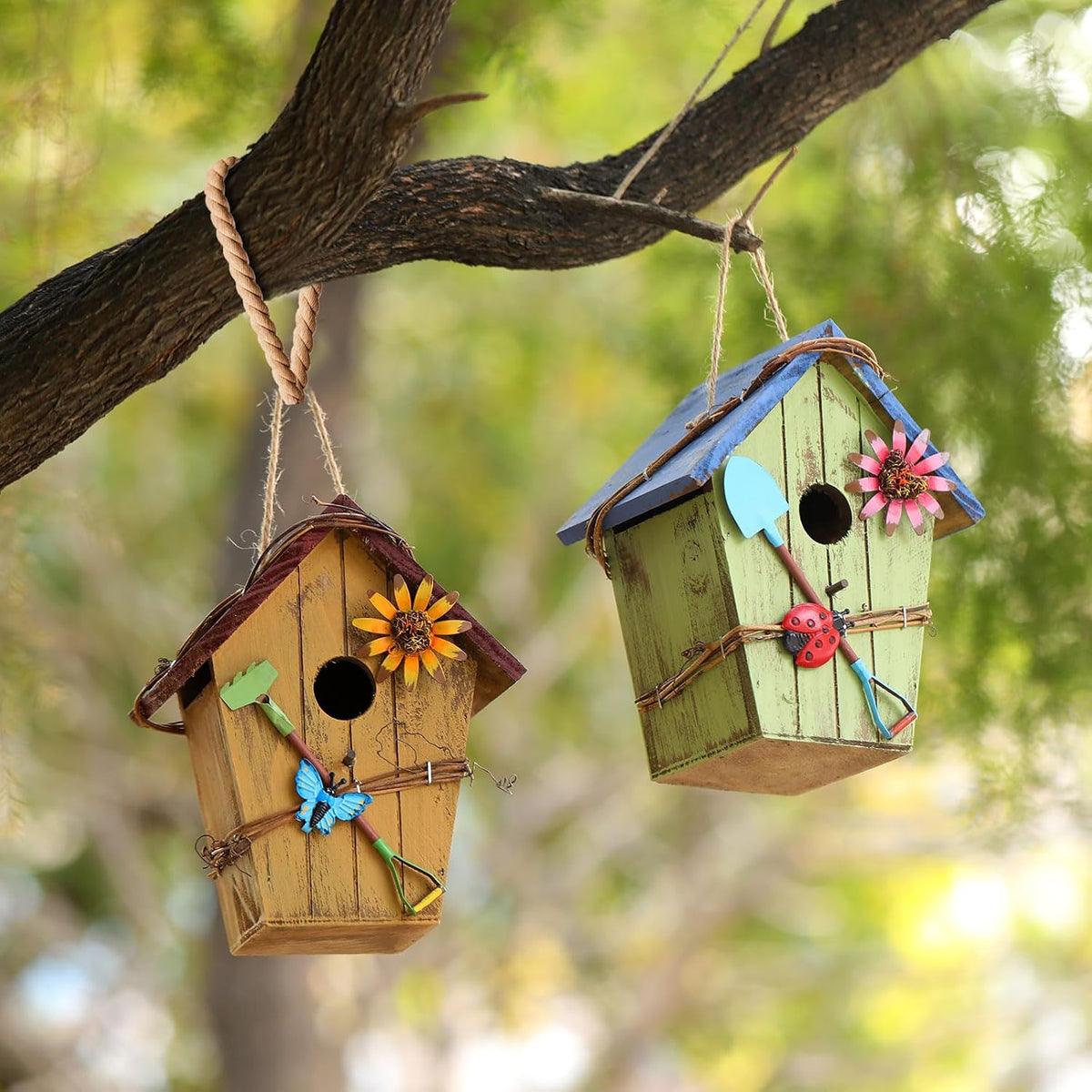 2 Pcs Hanging Bird Houses for Outside, Bright Color, Wooden Roof