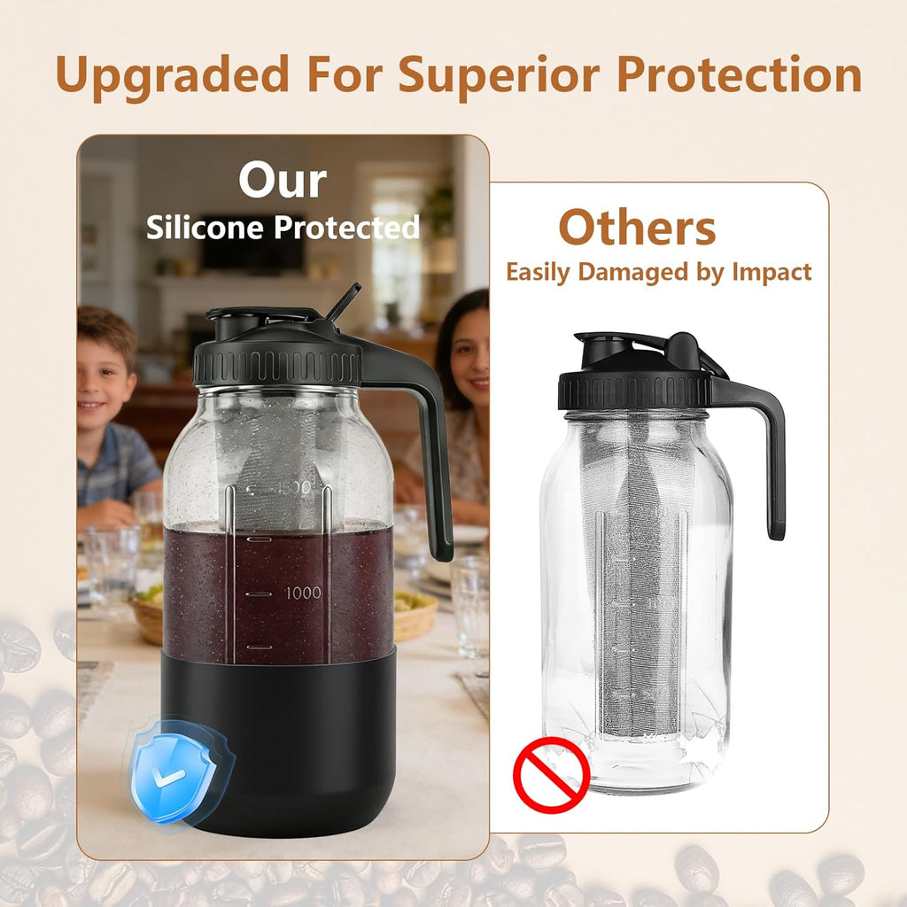 Cold Brew Coffee Maker, 64oz Mason Jar Pitcher with Stainless Steel Filter, Leak-Proof Lid with Pour Spout & Handle