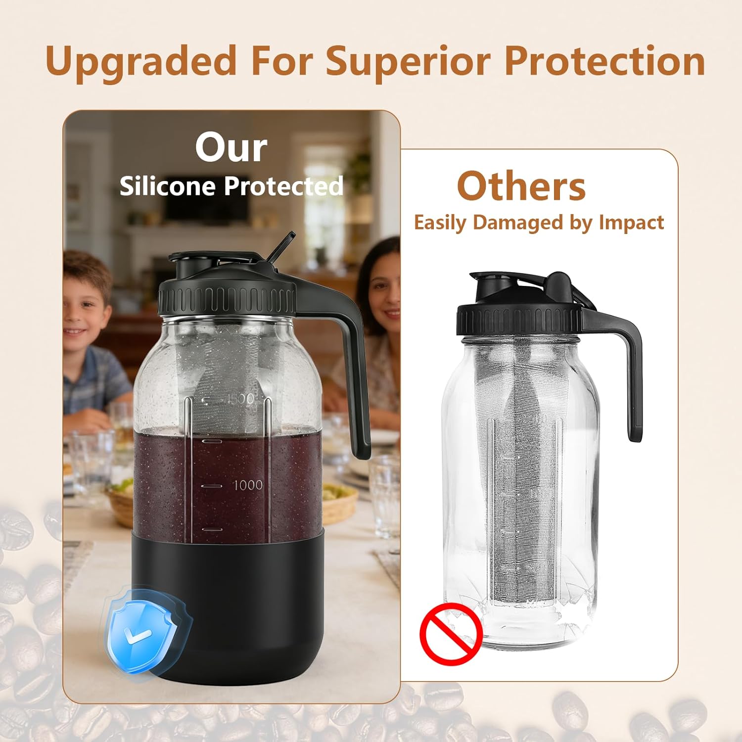 Cold Brew Coffee Maker, 64oz Mason Jar Pitcher with Stainless Steel Filter, Leak-Proof Lid with Pour Spout & Handle