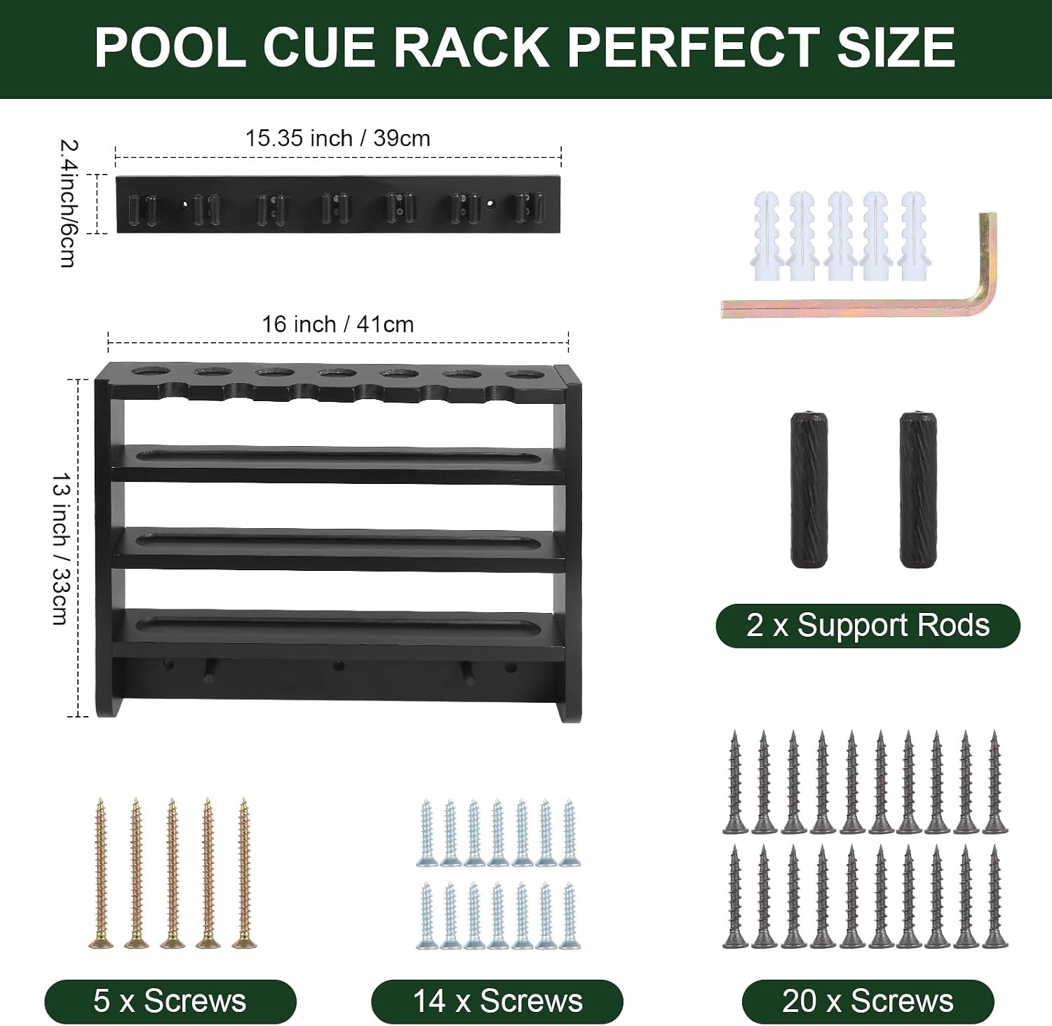 Pool Stick Holder - 7 Pool Cue Rack Wall Mount With Cue Rest and Ball holder, Wooden Pool Table Accessories Equipment