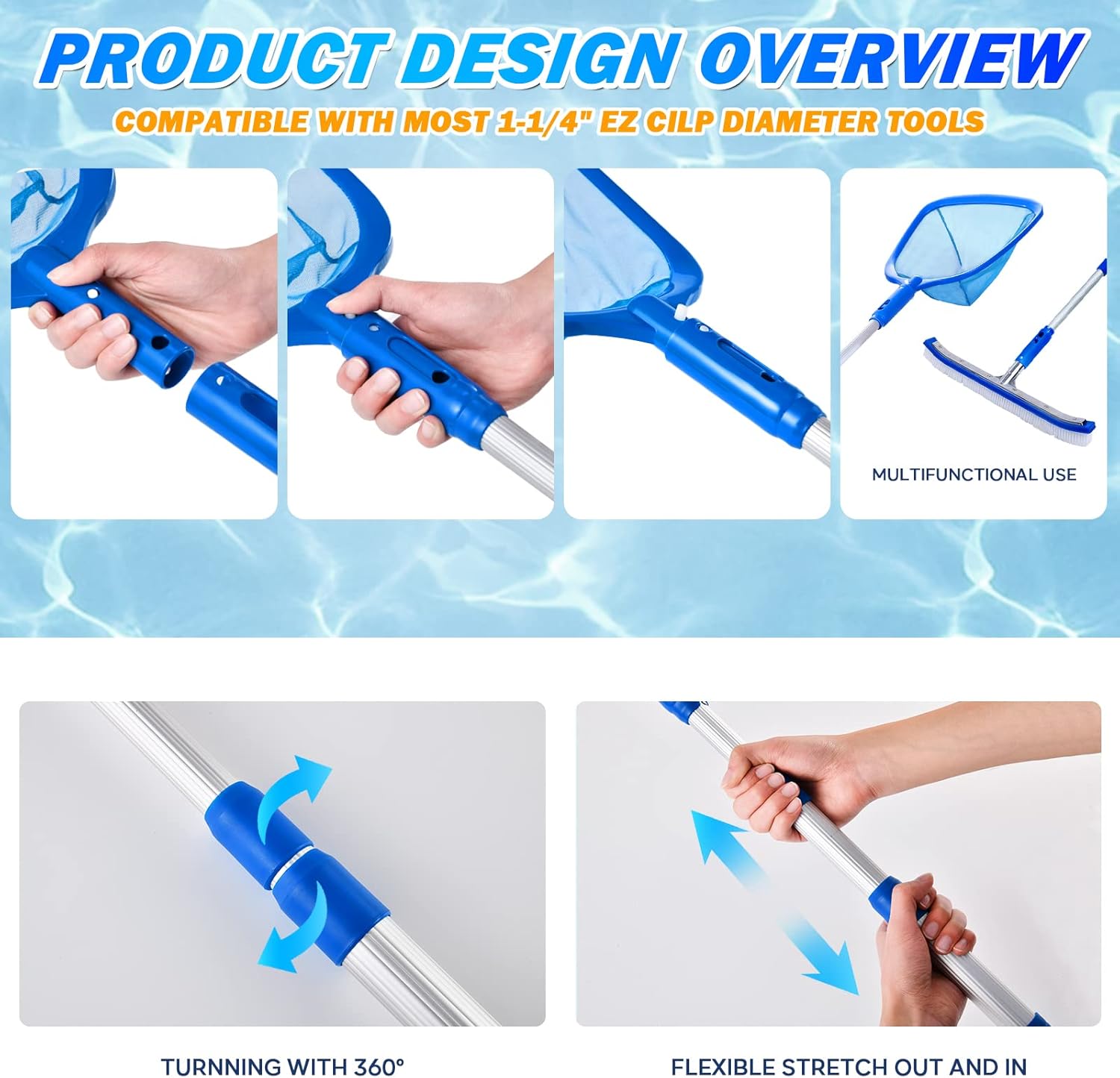 Pool Skimmer - Pool Net with 3 Section Pole, 48 inch Pool Skimmer Net with Pole Total Length, Pool Nets for Cleaning