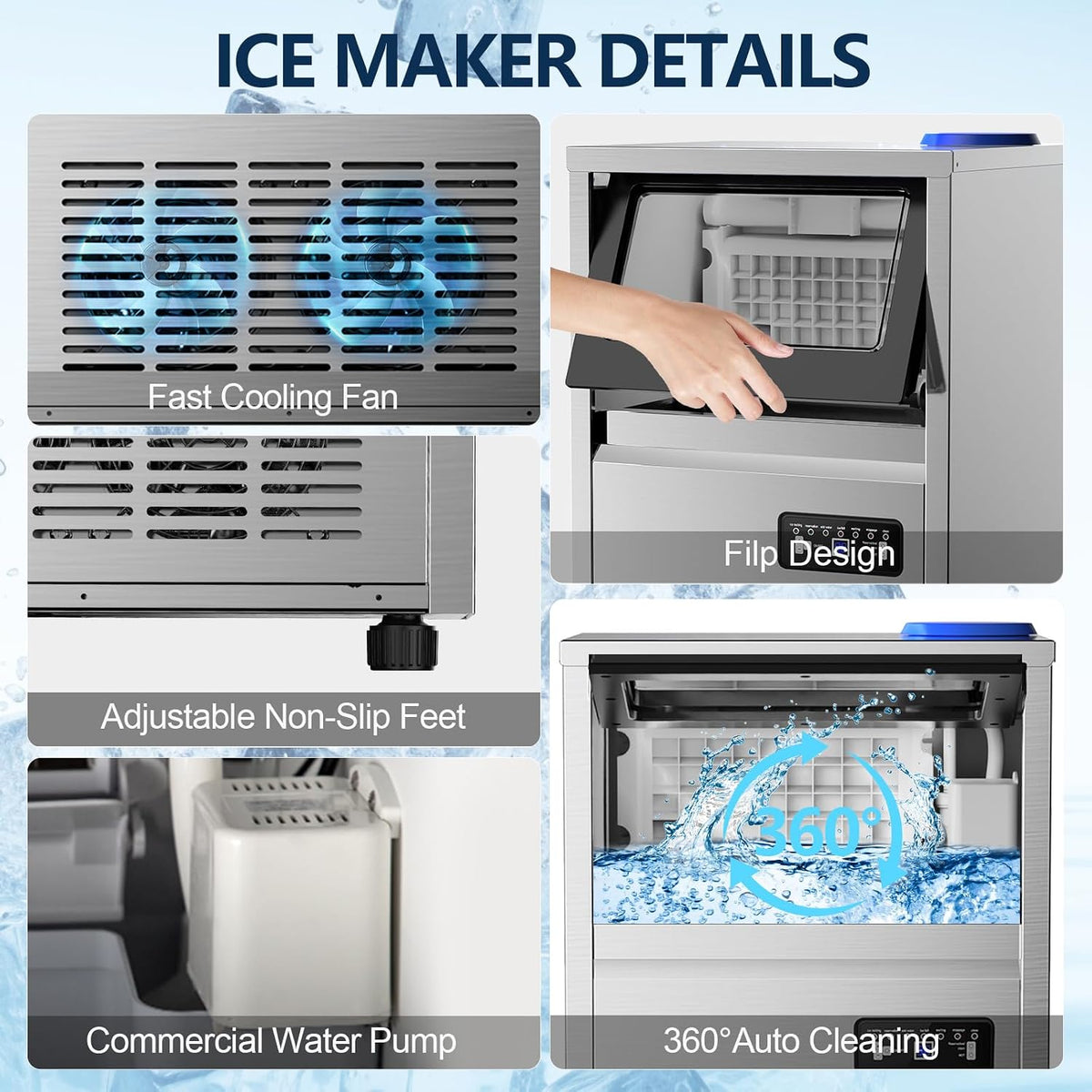 Commercial Ice Maker Machine 150LBS/24H,45Lbs Storage,2 Water Inlet Modes