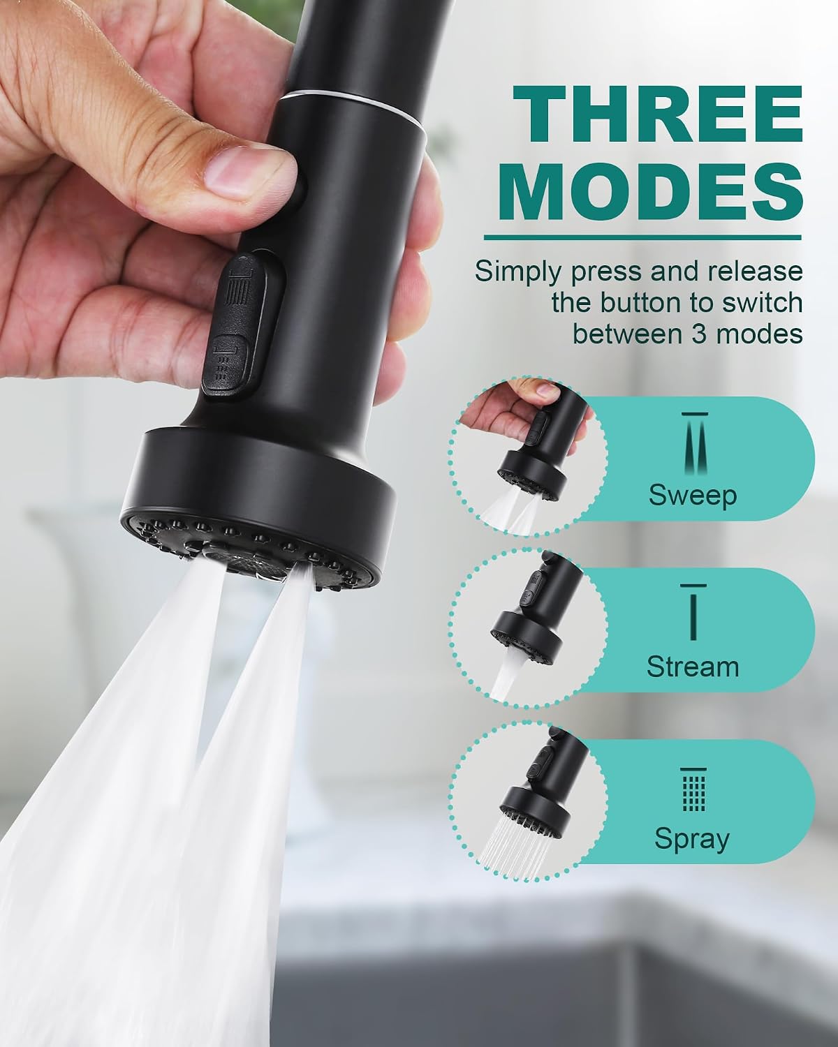 Pull Down Kitchen Faucet Head Replacement with 13 Adapters, 3 Modes