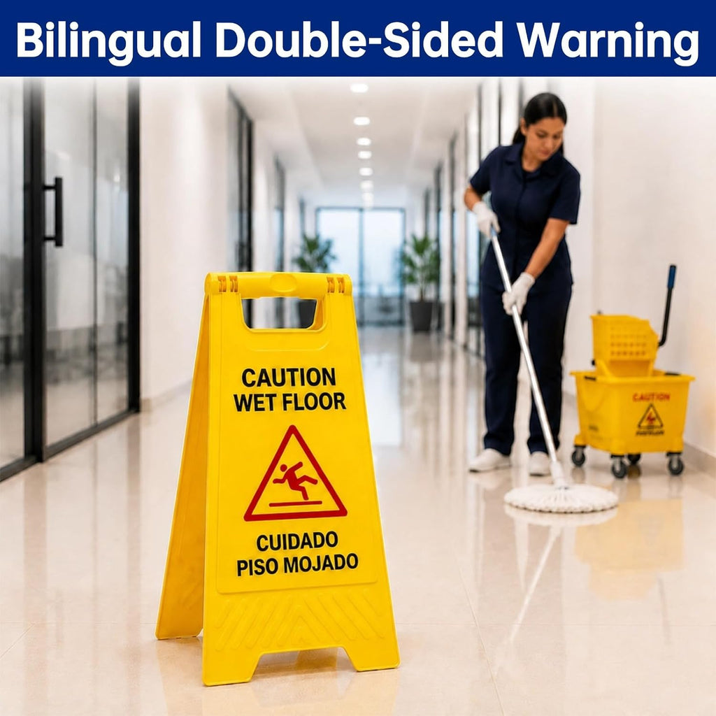 24 Inches Caution Wet Floor Sign - 12 Pack Double Sided, Bilingual Warning Floor Signs for Commercial Use, Foldable