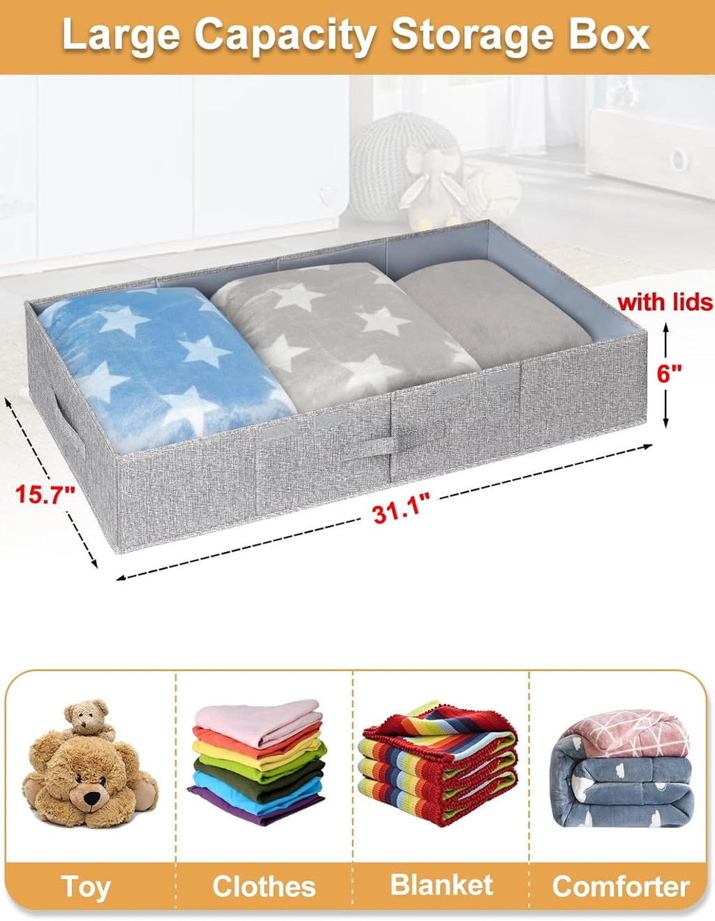 Under Bed Storage With Lids, 2 Pack Large Underbed Storage Containers Clothes W/ 3 Handles, Foldable Low Profile