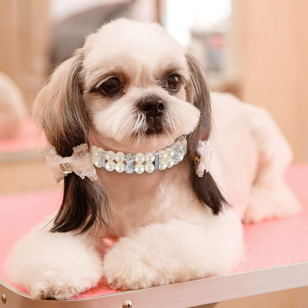 White Pearl Dog Collars for Small Dogs, Beaded Cat Collar with Crystal, XS
