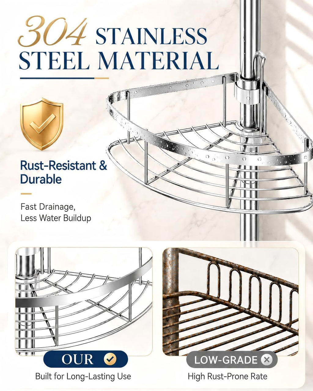Rustproof Shower Corner Caddy Organizer for Bathroom, 4 Adjustable Shelves with Tension Pole