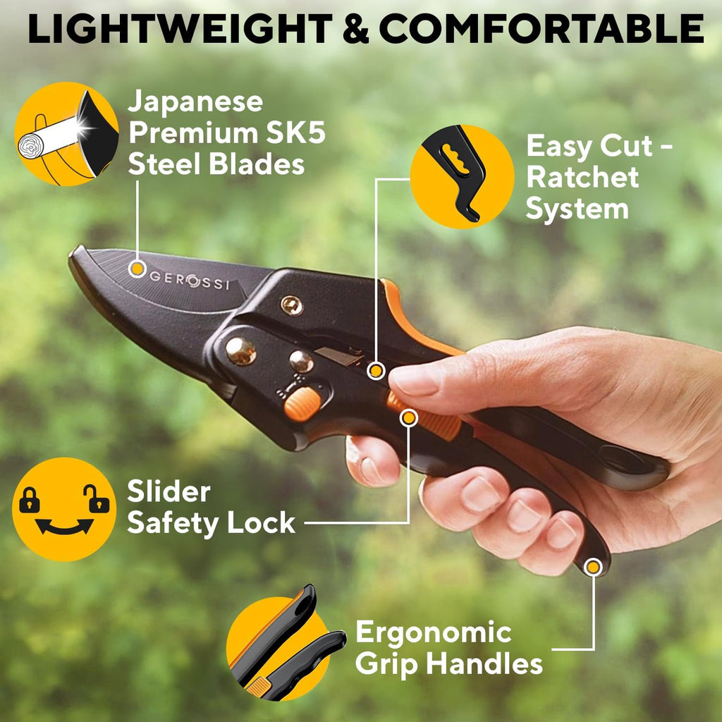 Ratchet Pruning Shears for Gardening Heavy Duty - Increases Cutting Power 3x - Perfect Ratchet Pruners for Weak Hands
