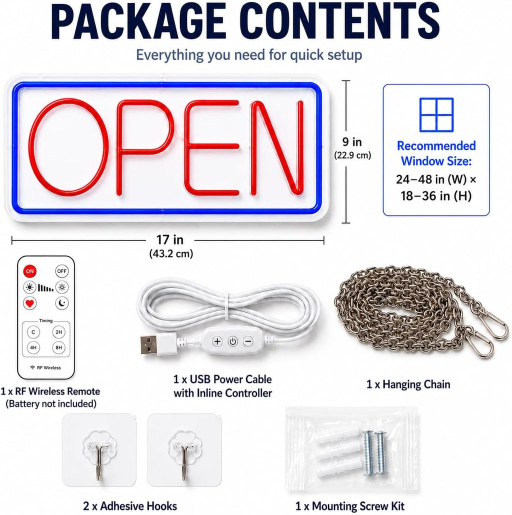 Neon Open Sign for Business, 17 x 9 Inch USB Powered LED Open Sign, with Remote Control and Countdown Timer Neon Open