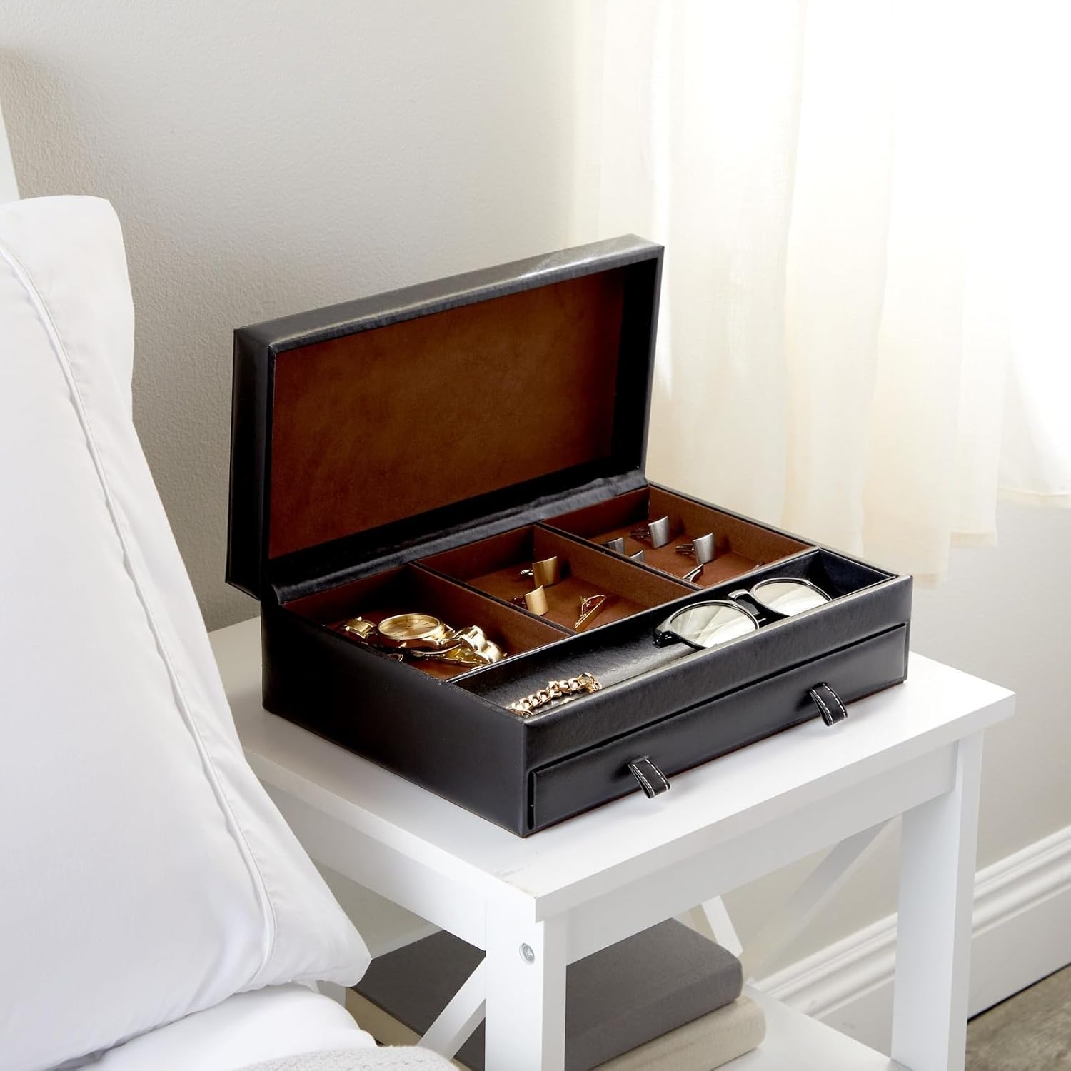 Jewelry Box Organizer and Holder - Black Watch Box with Leather Valet Tray for Home Improvement - 12.6 x 9 x 4 In