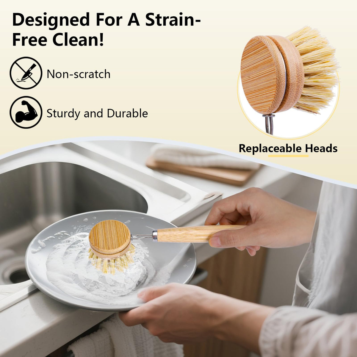 5 Pack Bamboo Dish Brush Set with 14’’ Bottle Brush