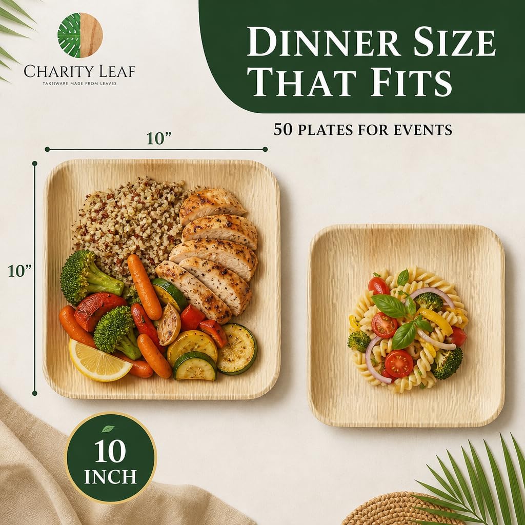 Compostable Bamboo 10" Square Dinner Plates (50-pack) | Premium, 100% Natural, Disposable, Heavy Duty | Perfect for