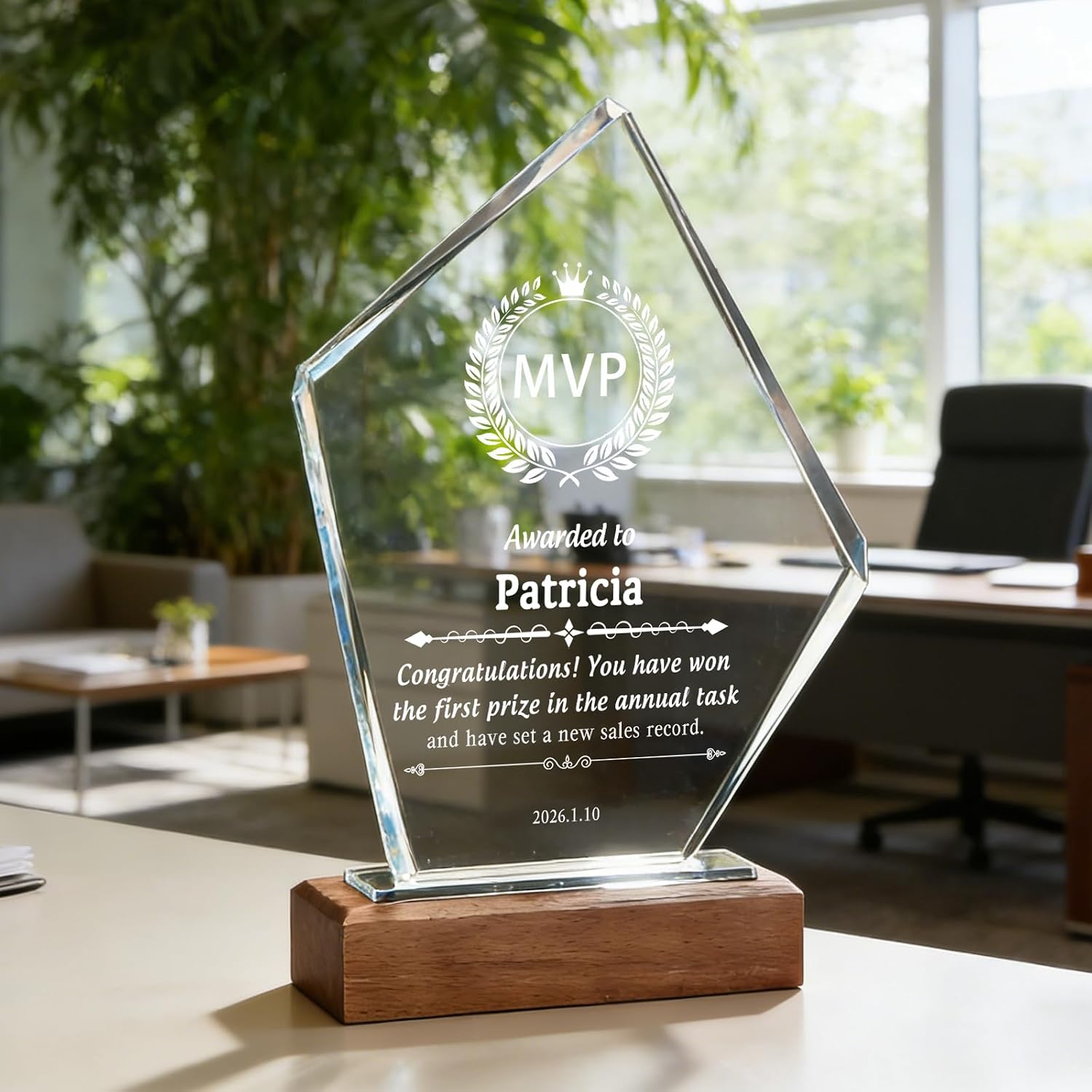 Personalized Crystal Award Trophy for Employee Recognition | Custom Logo & Text Engraved Crystal Award for Corporate