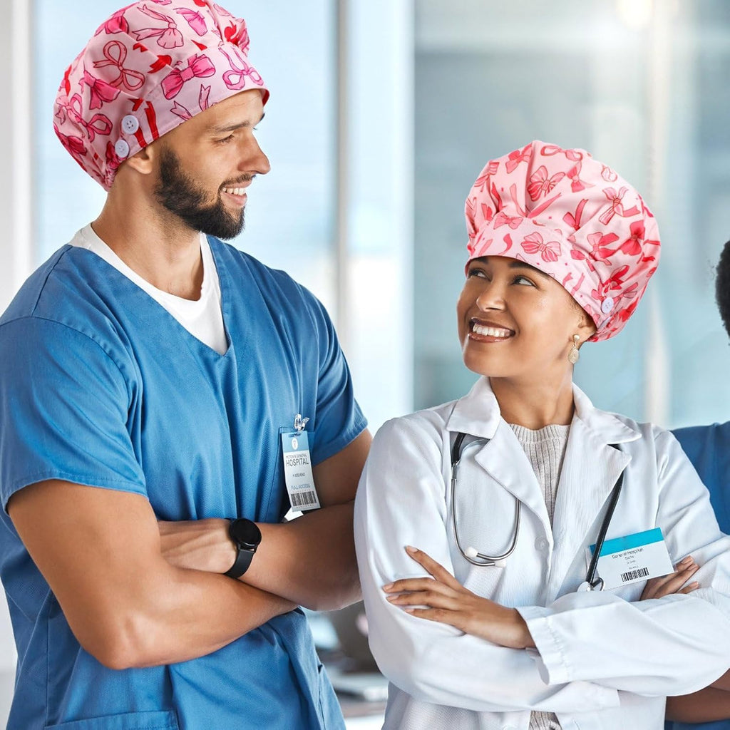 6Pcs Satin Lined Scrub Cap Women Surgical Nurse Cap Ponytail Adjustable Tie Back Girly Nursing Working Hat with Button