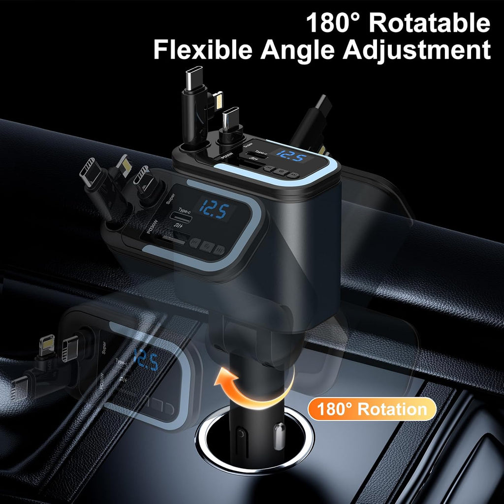 5-in-1 120W 30-Minutes Fast Flash Charging Retractable Car Charger, Wireless Bluetooth FM Transmitter, Type-C+USB-A