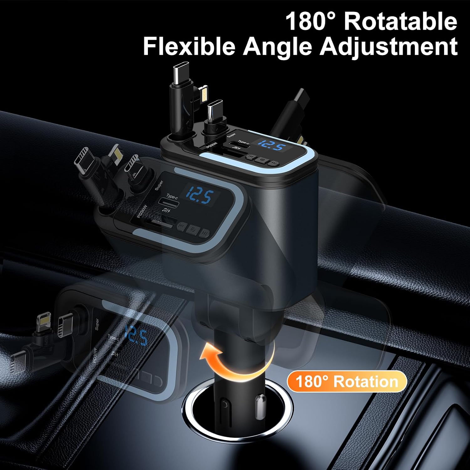 5-in-1 120W 30-Minutes Fast Flash Charging Retractable Car Charger, Wireless Bluetooth FM Transmitter, Type-C+USB-A
