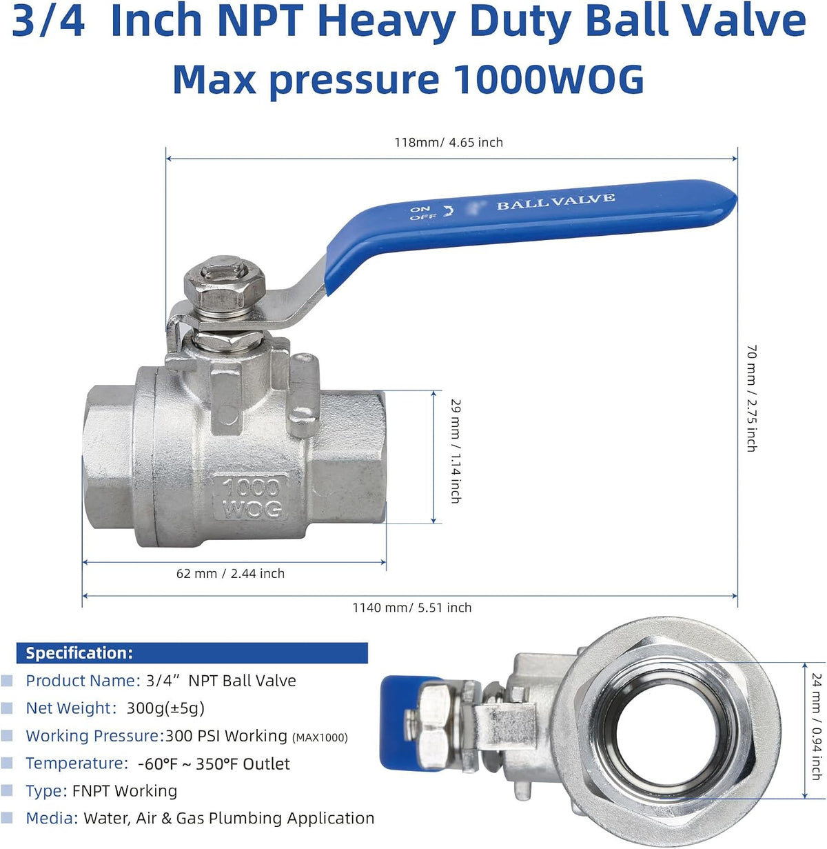3/4" NPT Ball Valve 2-Pack, 304 Stainless Steel, Full Port