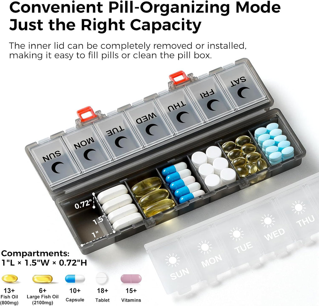 Foldable Pill Organizer Weekly 2 Times a Day, 7 Day Portable AM PM Travel Pill Case with Black&White Labels