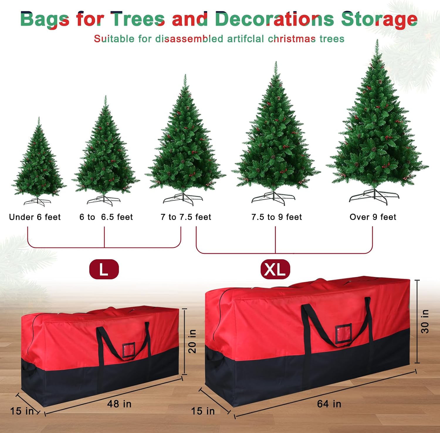 Christmas Tree Storage Bag, 7.5 ft, 600D Oxford, Black Red | Tree Bag, 600D Oxford Fabric, Waterproof Lining