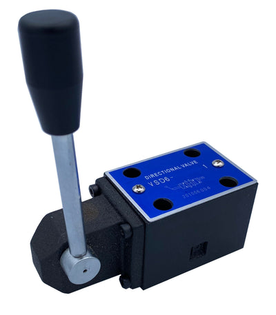 Hydraulic Directional Control Valve D03 (NG6) Cetop 3 Manual Lever Operated 21 GPM 4560 psi (D-Detent Hold, R-3 Position, Closed Center, P to A&B shifted)